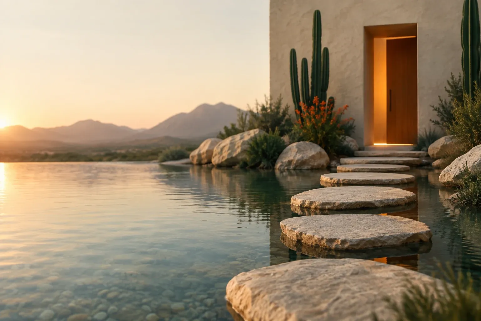 A row of clean stone stepping stones crossing a shallow, still desert spring toward a lit doorway at first light