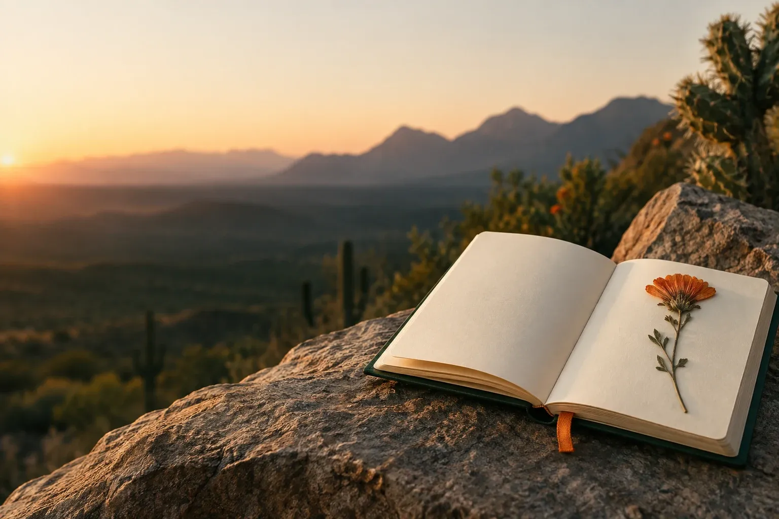 An open ivory notebook on a stone ledge with a single pressed desert flower marking the page, warm dawn light and mountains far behind