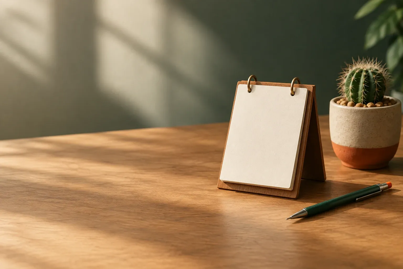 A wooden desk calendar with blank pages, a fine mechanical pencil, and a small potted cactus in soft window light