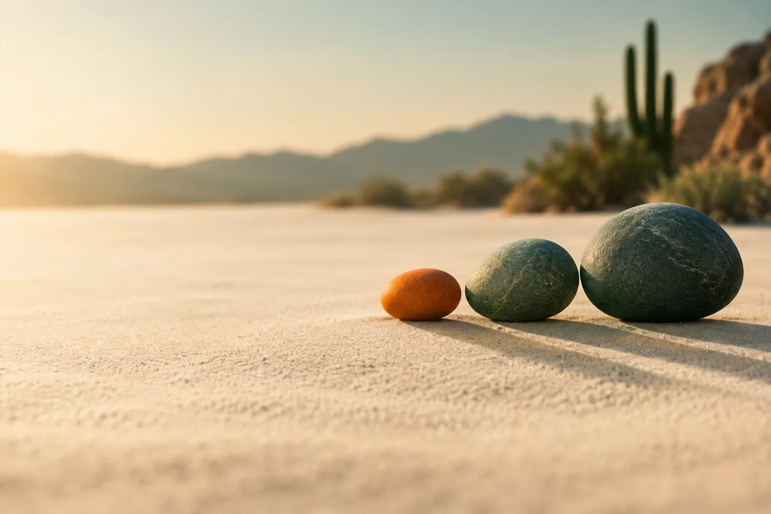 Three smooth stones balanced in a row on warm sand, lit by low morning light