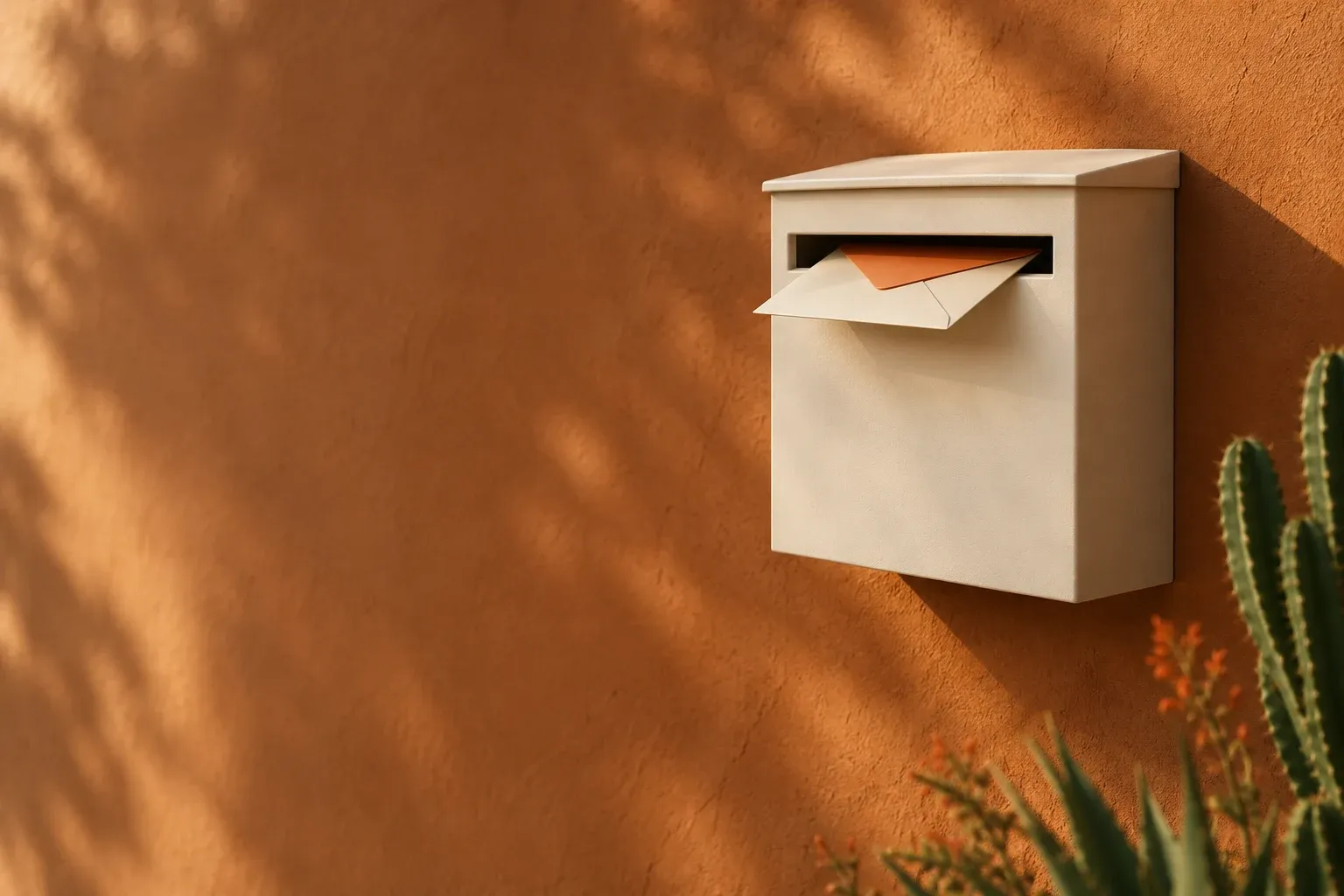 A clean ivory letterbox mounted on a warm adobe wall with a single envelope resting in its mouth in late golden light