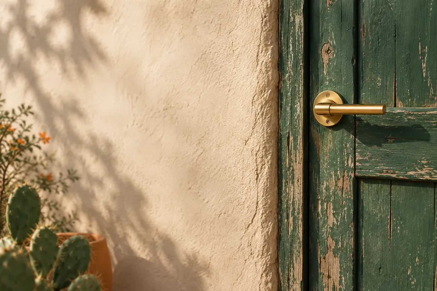 An old weathered timber door with peeling sage-green paint in a sunlit adobe wall, fitted with a new brass handle