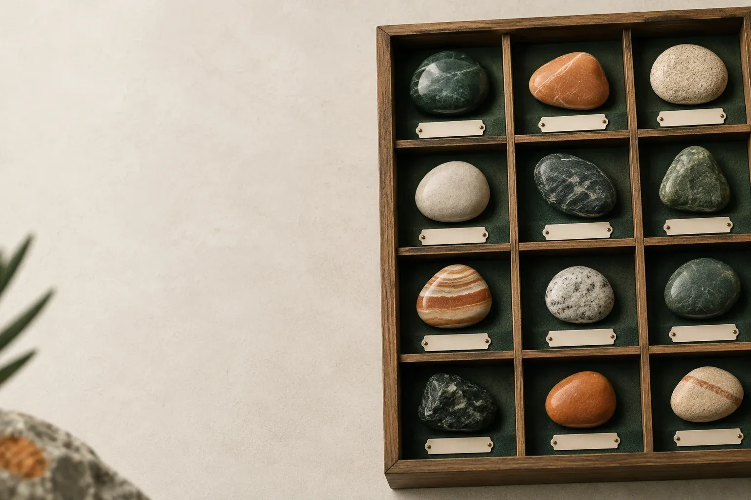 A museum-style specimen drawer with small compartments, each holding one smooth stone, seen from above in soft even light