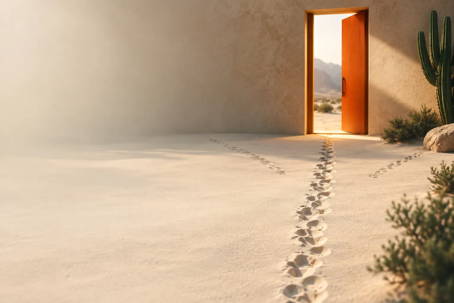 A single clear path across sand toward an open doorway, with other paths fading out before reaching it