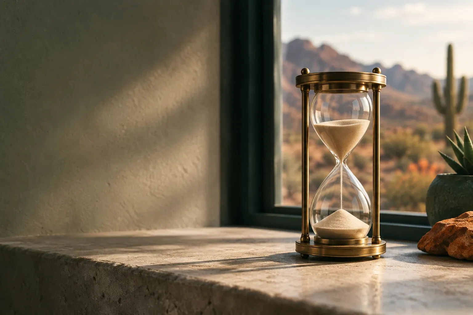 A vintage brass hourglass with sand mid-flow on a sunlit stone windowsill, desert blurred beyond the glass