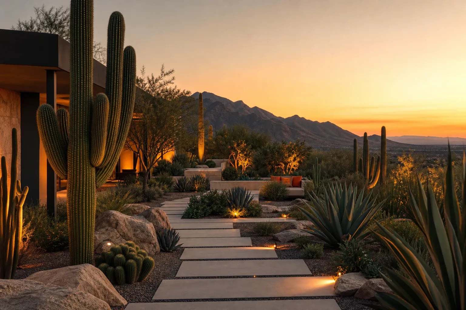 Concept image for a landscaping business website — manicured desert garden at golden hour