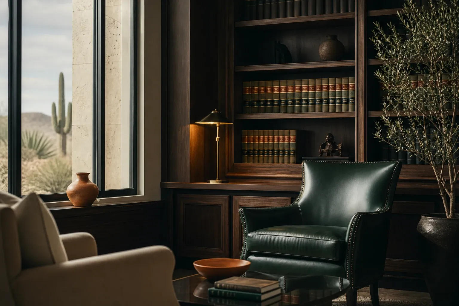 Concept image for a law firm website — refined office library with warm light